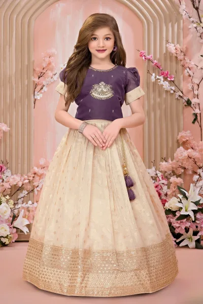 Purple with Cream Stone, Beads, Zari, Sequins and Thread work Lehenga Choli